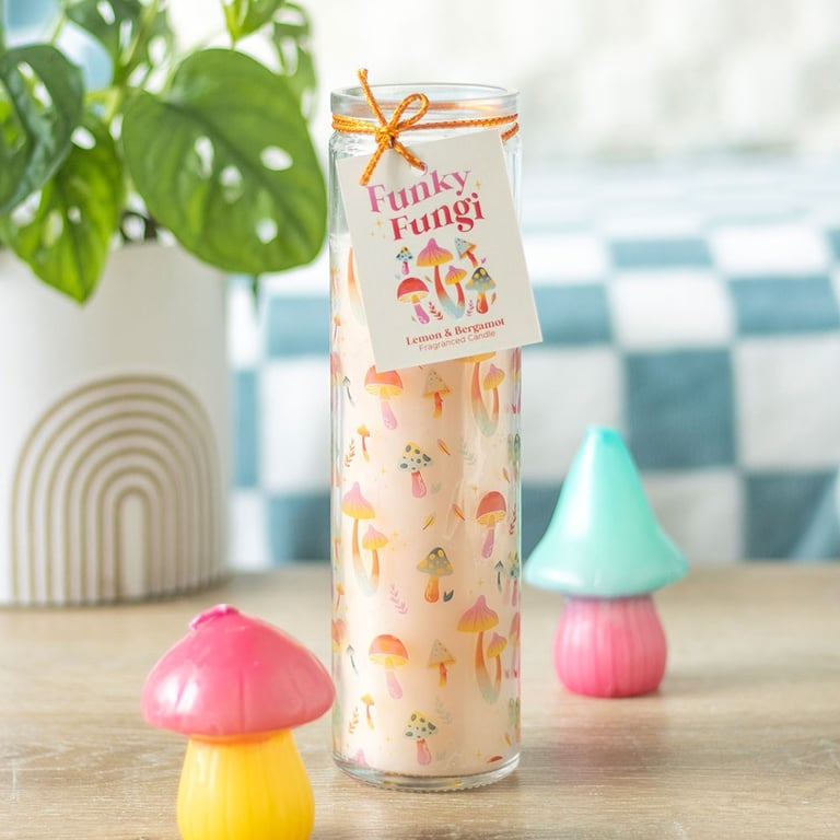 Funky Fungi Mushroom Print Candle - 70 Hour Burn Time, Trendy Home Decor