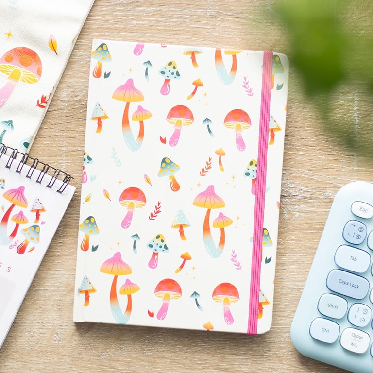 Funky Fungi Mushroom Print A5 Lined Notebook with Pink Ribbon Divider and Elastic Closure