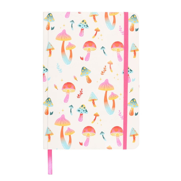 Funky Fungi Mushroom Print A5 Lined Notebook with Pink Ribbon Divider and Elastic Closure