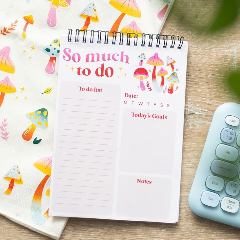 So Much To Do Mushroom List Pad - Spiral Bound Desk Organizer with 50 Printed Pages