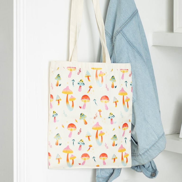 Funky Fungi Mushroom Print Polycotton Tote Bag - Durable, Vibrant Design, Perfect for Groceries and Daily Essentials