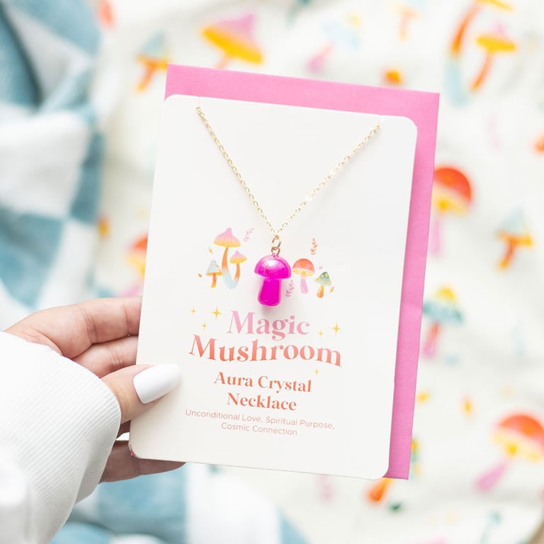 Pink Aura Crystal Mushroom Necklace Greeting Card - Unconditional Love & Cosmic Connection