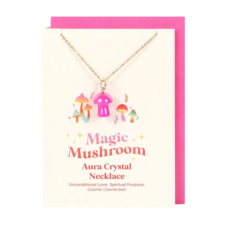Pink Aura Crystal Mushroom Necklace Greeting Card - Unconditional Love & Cosmic Connection