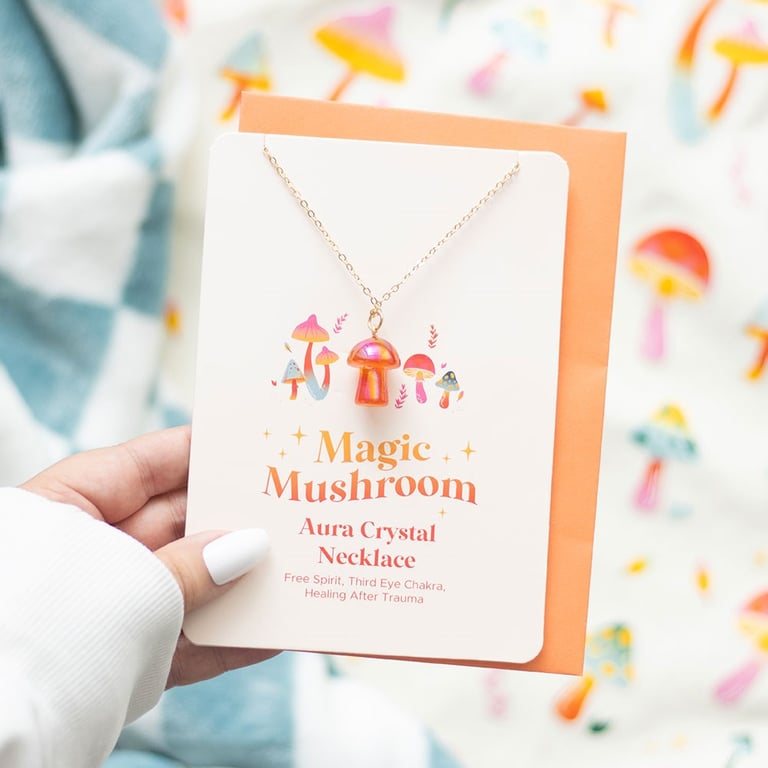Orange Aura Crystal Mushroom Necklace Greeting Card - Free Spirit, Healing, and Third Eye Chakra Symbolism