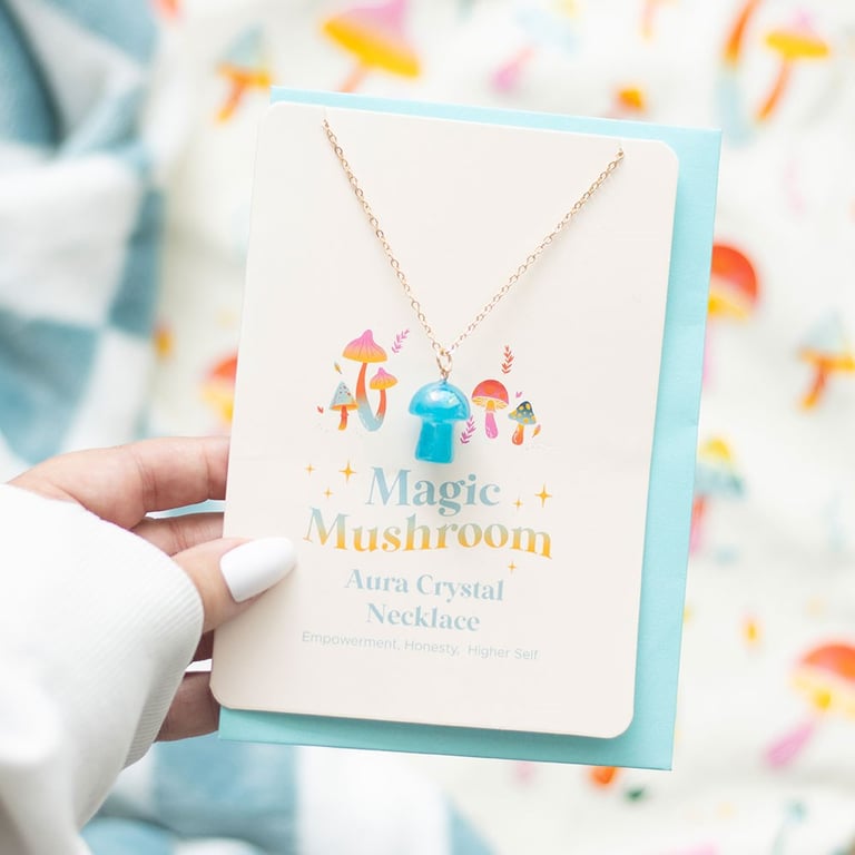Blue Aura Crystal Mushroom Necklace Greeting Card, Empowerment and Honesty Symbolism, Nickel-Free, Blank Inside for Personal Message