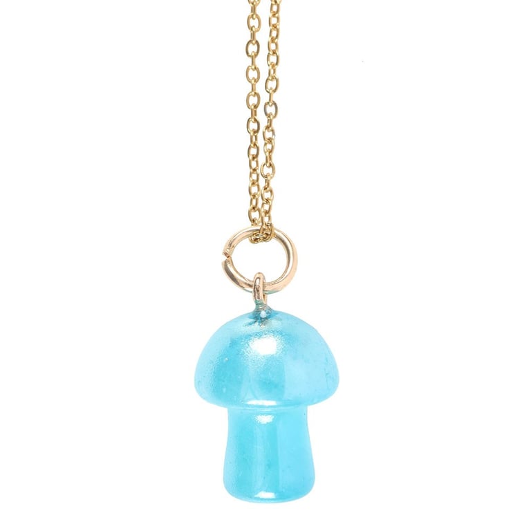 Blue Aura Crystal Mushroom Necklace Greeting Card, Empowerment and Honesty Symbolism, Nickel-Free, Blank Inside for Personal Message