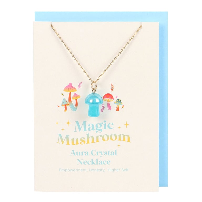 Blue Aura Crystal Mushroom Necklace Greeting Card, Empowerment and Honesty Symbolism, Nickel-Free, Blank Inside for Personal Message