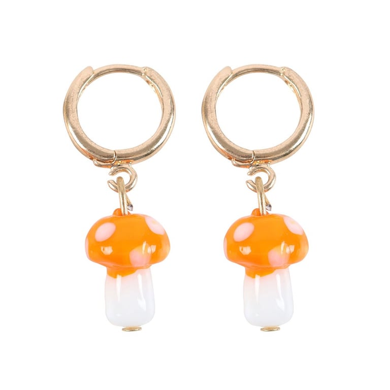 Orange Mushroom Glass Dangle Earrings with Gold Hoops