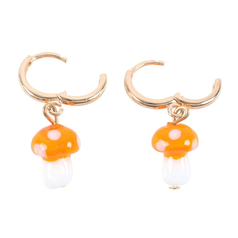 Orange Mushroom Glass Dangle Earrings with Gold Hoops