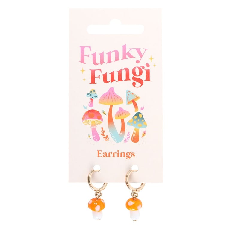 Orange Mushroom Glass Dangle Earrings with Gold Hoops