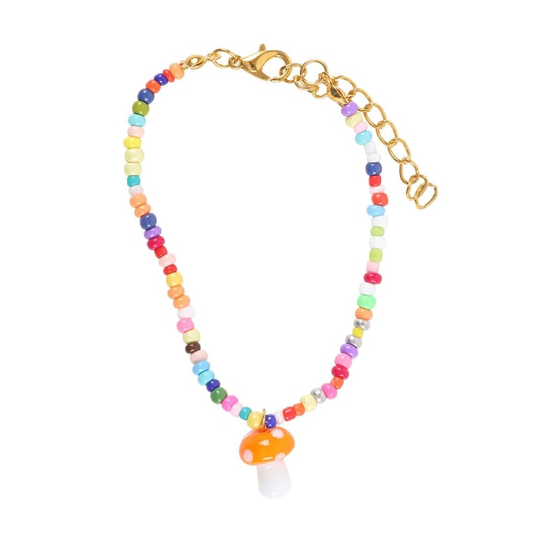 Orange Mushroom Glass Beaded Charm Bracelet - Unique Gift Jewelry
