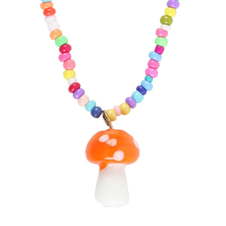 Orange Mushroom Glass Beaded Pendant Necklace - Unique Whimsical Jewelry