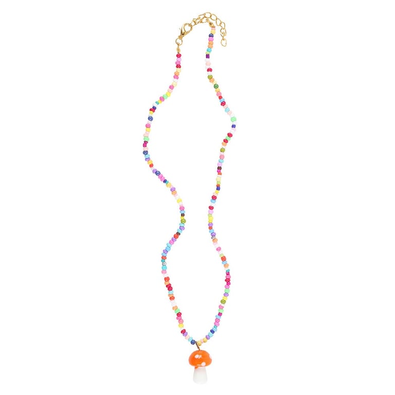 Orange Mushroom Glass Beaded Pendant Necklace - Unique Whimsical Jewelry