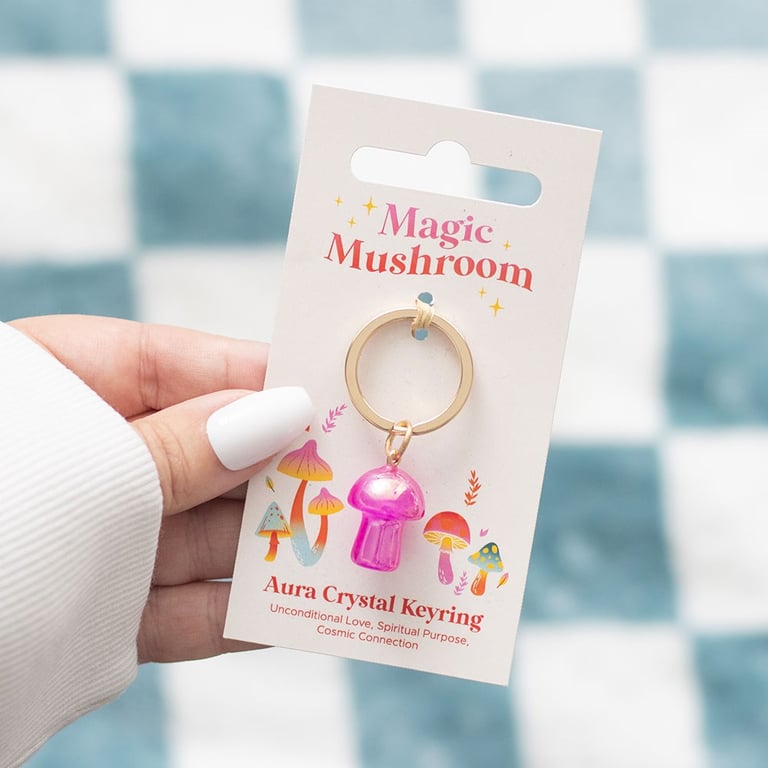 Pink Aura Crystal Mushroom Keyring - Spiritual Connection & Unconditional Love Token