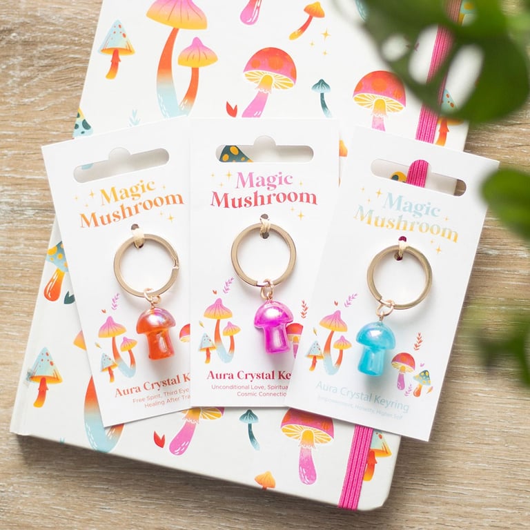 Orange Aura Crystal Mushroom Keyring - Third Eye Chakra Healing Keychain