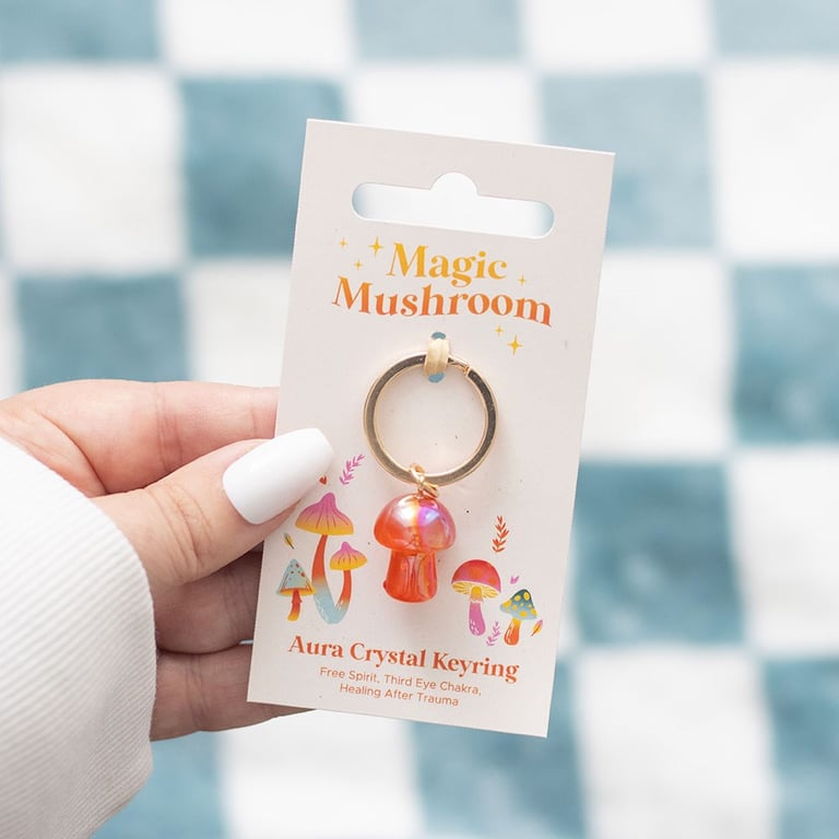 Orange Aura Crystal Mushroom Keyring - Third Eye Chakra Healing Keychain