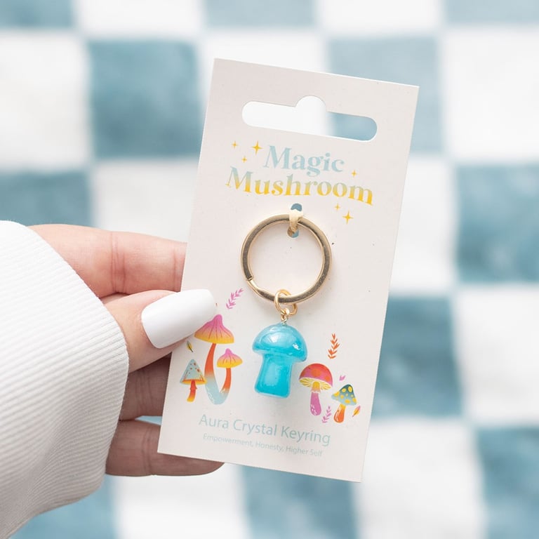 Blue Aura Crystal Mushroom Keyring - Empowerment and Honesty Symbolic Keychain