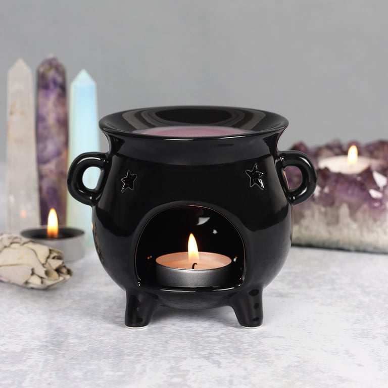 Black Cauldron Oil Burner - Witchcraft Home Decor with Star Detail