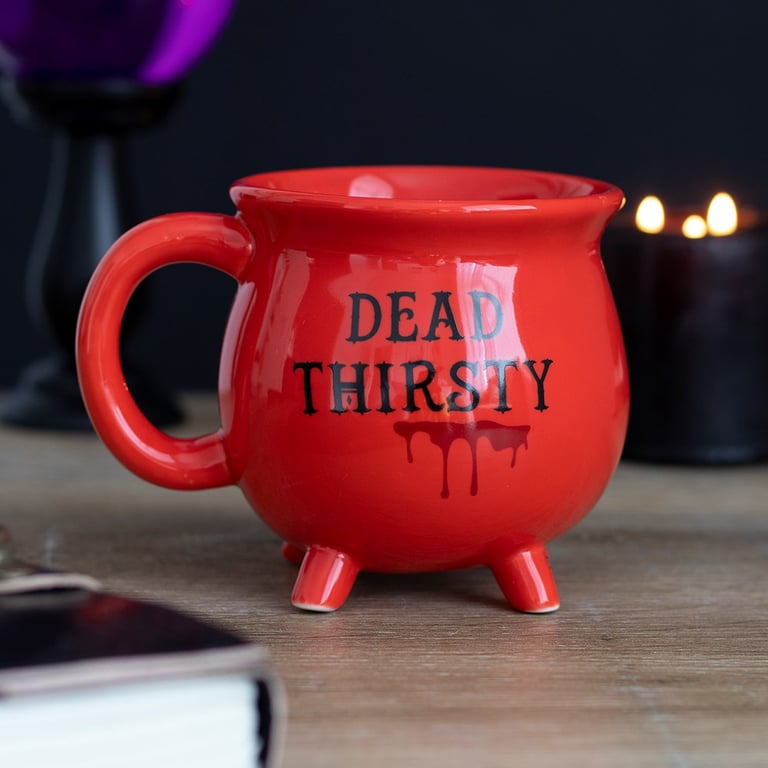 Dead Thirsty Red Cauldron Shaped Mug - Morbid Humor Gift for Coffee Lovers