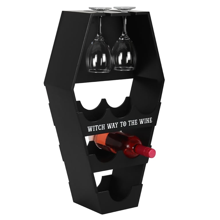 Coffin Wine Shelf - Spooky Home Decor with 10-Bottle Storage and Witch Way Sign