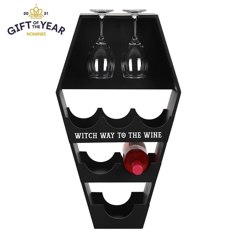 Coffin Wine Shelf - Spooky Home Decor with 10-Bottle Storage and Witch Way Sign