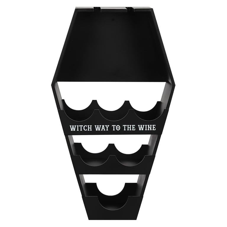 Coffin Wine Shelf - Spooky Home Decor with 10-Bottle Storage and Witch Way Sign