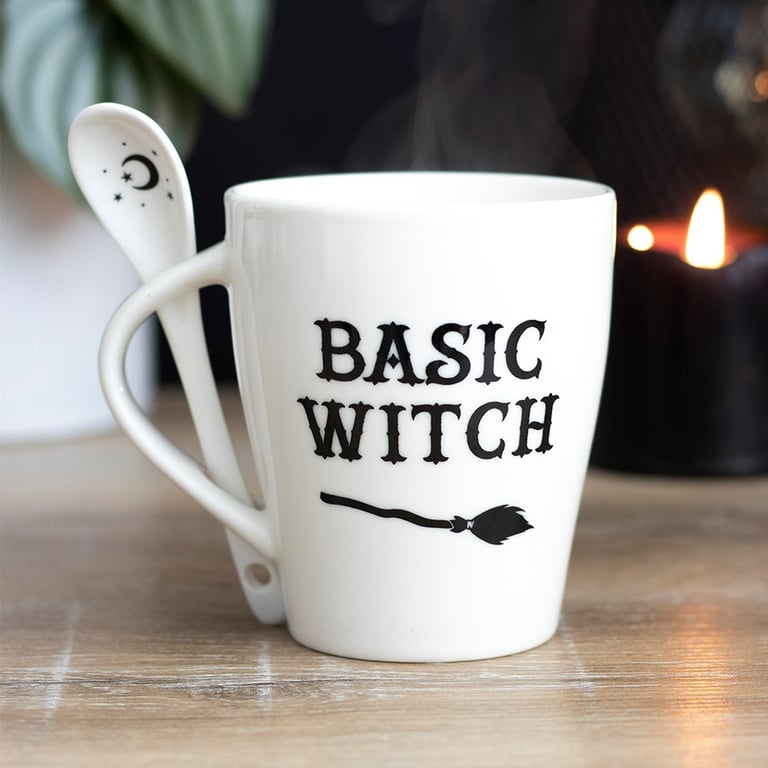 Basic Witch Ceramic Mug and Dishwasher Safe Spoon Set - Witch Theme Home Decor