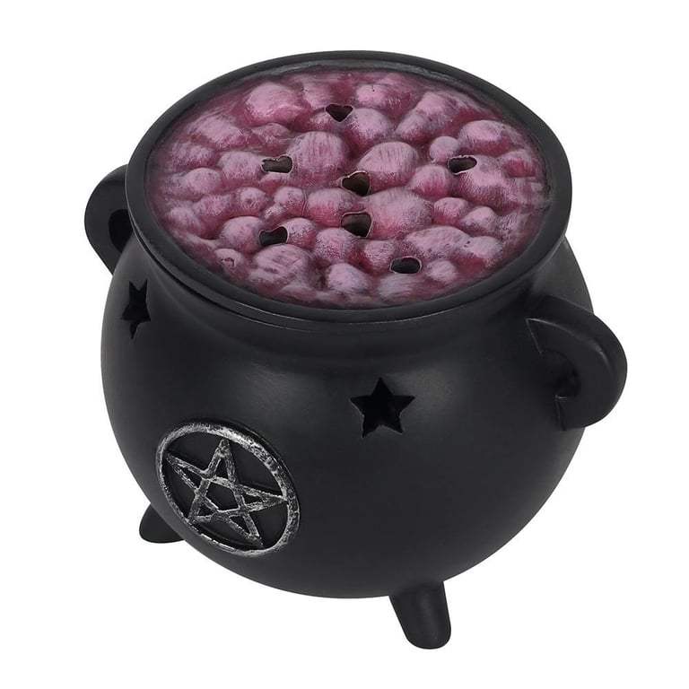 Resin Pentagram Cauldron Incense Cone Holder - Distressed Metal Design & Cutout Star Accents