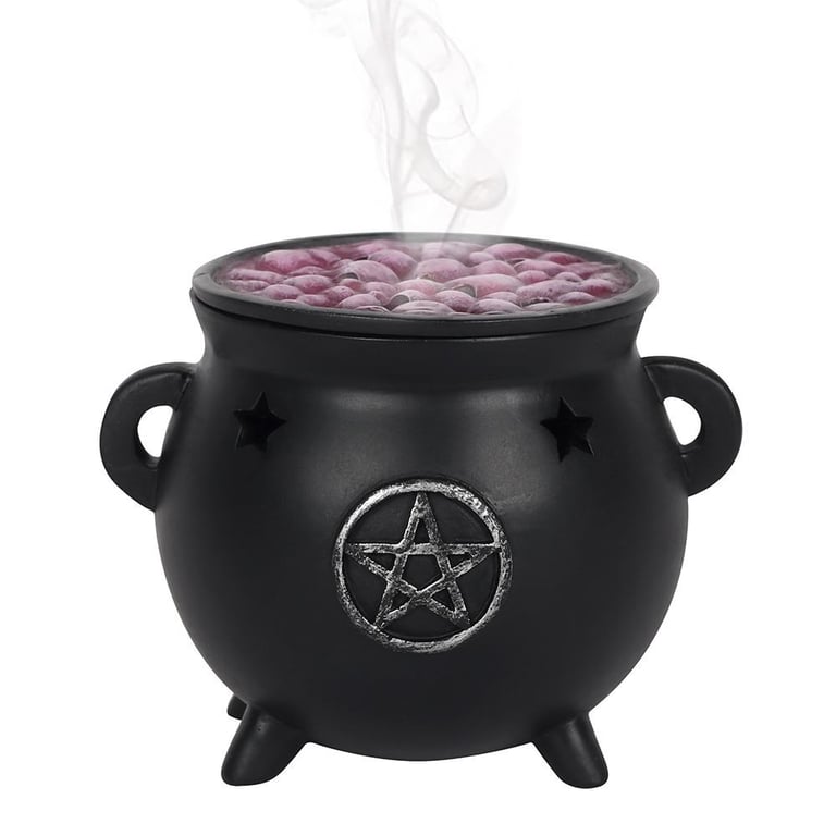 Resin Pentagram Cauldron Incense Cone Holder - Distressed Metal Design & Cutout Star Accents