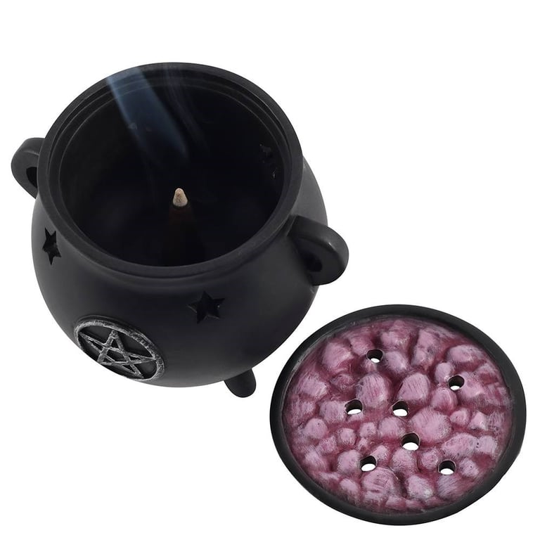 Resin Pentagram Cauldron Incense Cone Holder - Distressed Metal Design & Cutout Star Accents
