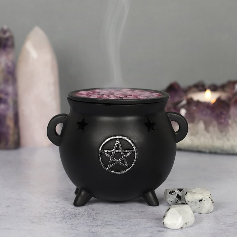 Resin Pentagram Cauldron Incense Cone Holder - Distressed Metal Design & Cutout Star Accents
