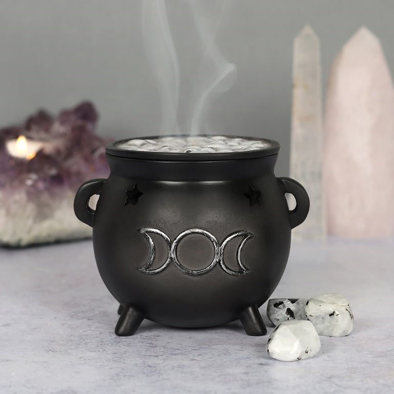 Triple Moon Cauldron Resin Incense Holder with Distressed Star Design