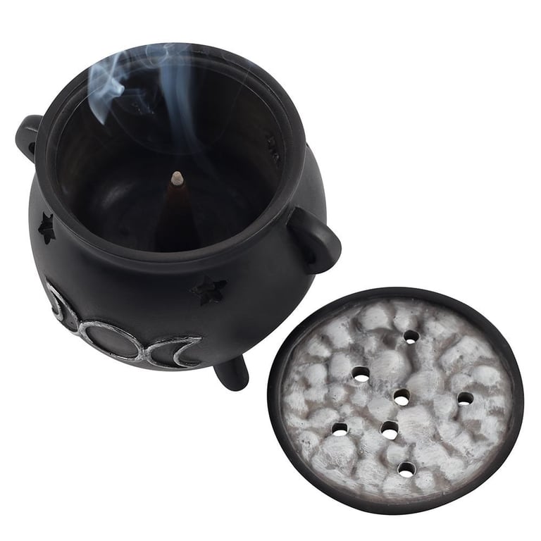 Triple Moon Cauldron Resin Incense Holder with Distressed Star Design