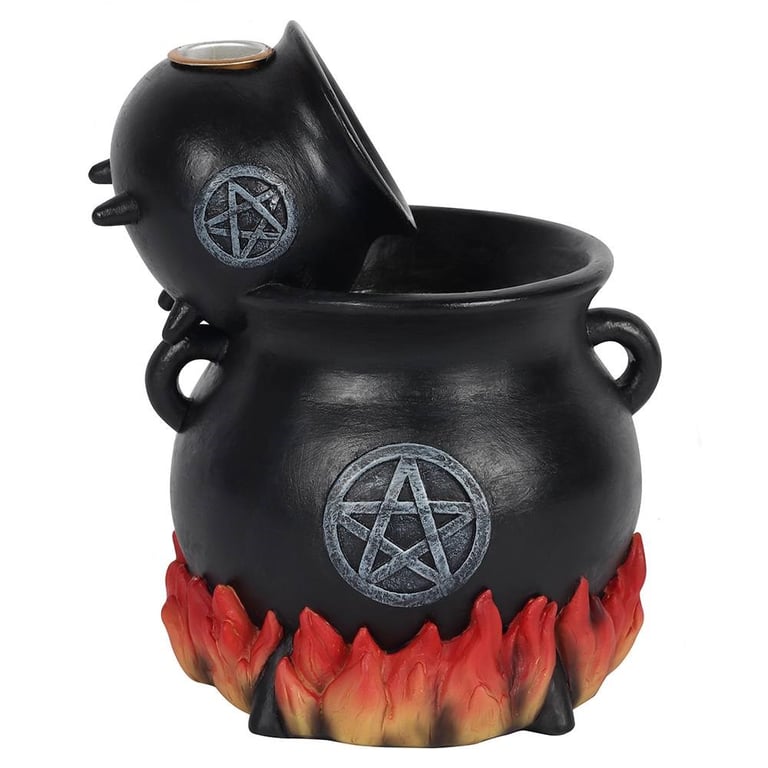 Resin Cauldron Burner - Backflow Incense Holder with Flame Accented Pentagram Design
