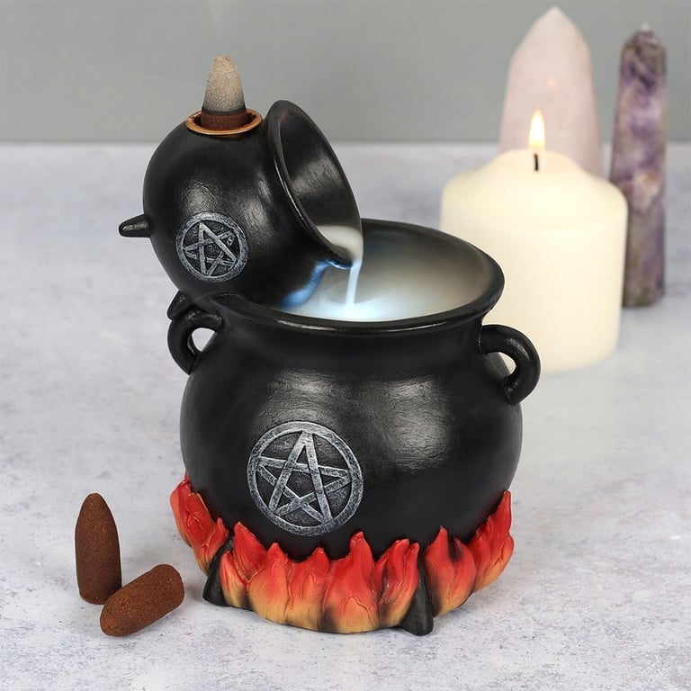 Resin Cauldron Burner - Backflow Incense Holder with Flame Accented Pentagram Design