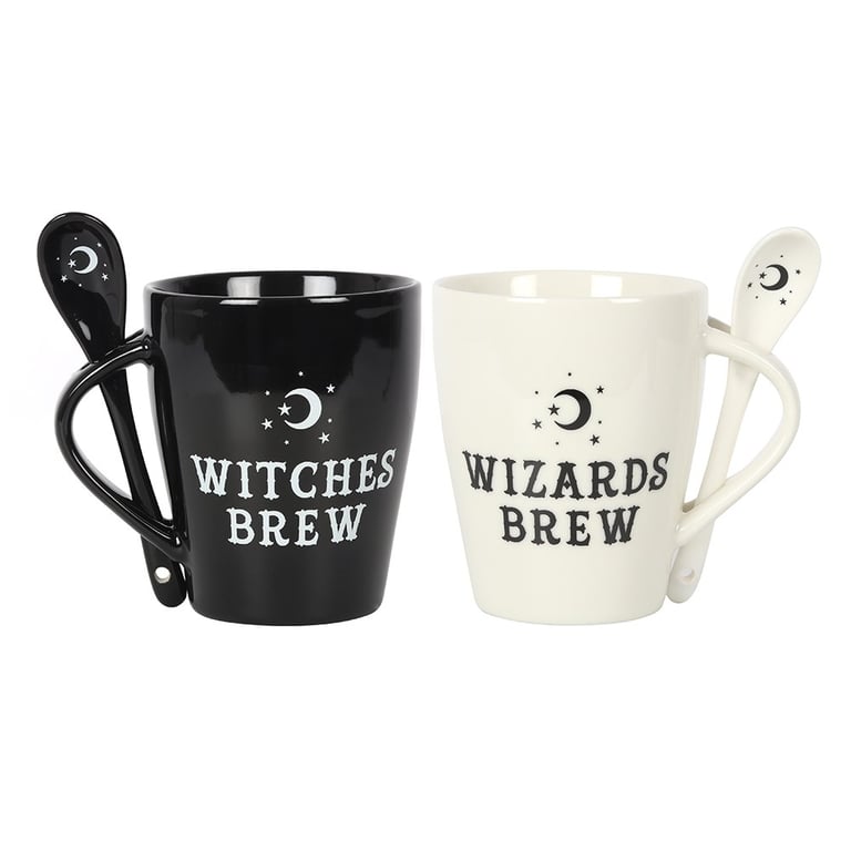 Witch and Wizard Couples Mug and Spoon Set - Ceramic Mugs with Handle Slotting Spoons