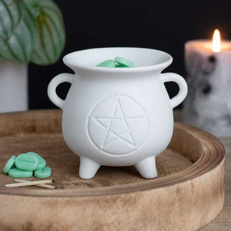 White Pentagram Cauldron Oil Burner and Wax Warmer for Home Scented Decor