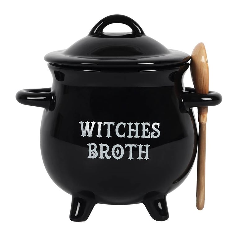 Witches Broth Cauldron Soup Bowl - Removable Lid, Matching Broom Spoon, Dishwasher Safe
