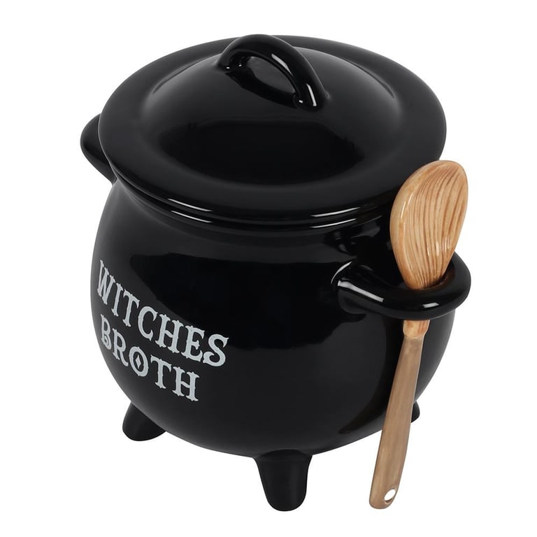 Witches Broth Cauldron Soup Bowl - Removable Lid, Matching Broom Spoon, Dishwasher Safe