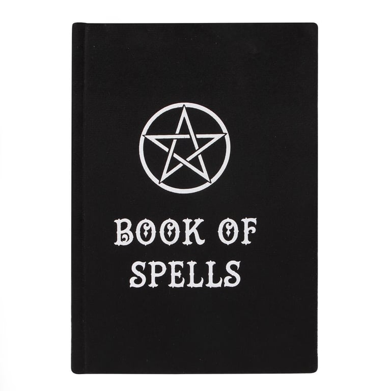 Book of Spells Velvet A5 Notebook - 100 Lined Pages, Occult Journal with Black Finish and White Pentagram Design
