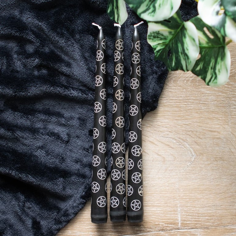 Set of 3 Black Magic Pentagram Taper Candles - Mystical Home Decor Accents