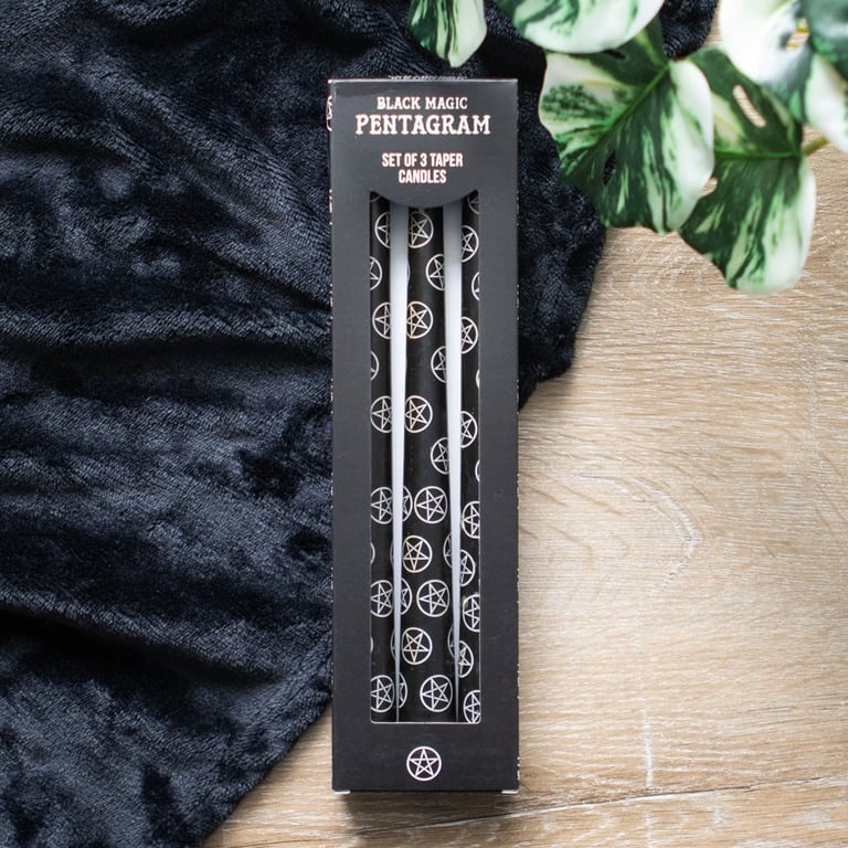 Set of 3 Black Magic Pentagram Taper Candles - Mystical Home Decor Accents