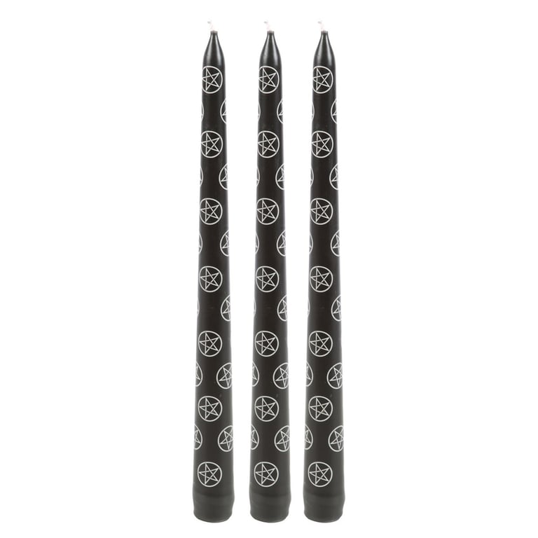 Set of 3 Black Magic Pentagram Taper Candles - Mystical Home Decor Accents