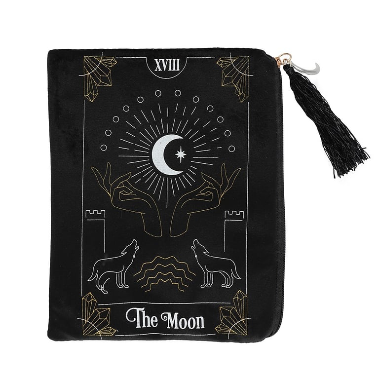 Velvet Moon Tarot Card Zippered Bag with White Gold Design and Tassel Charm