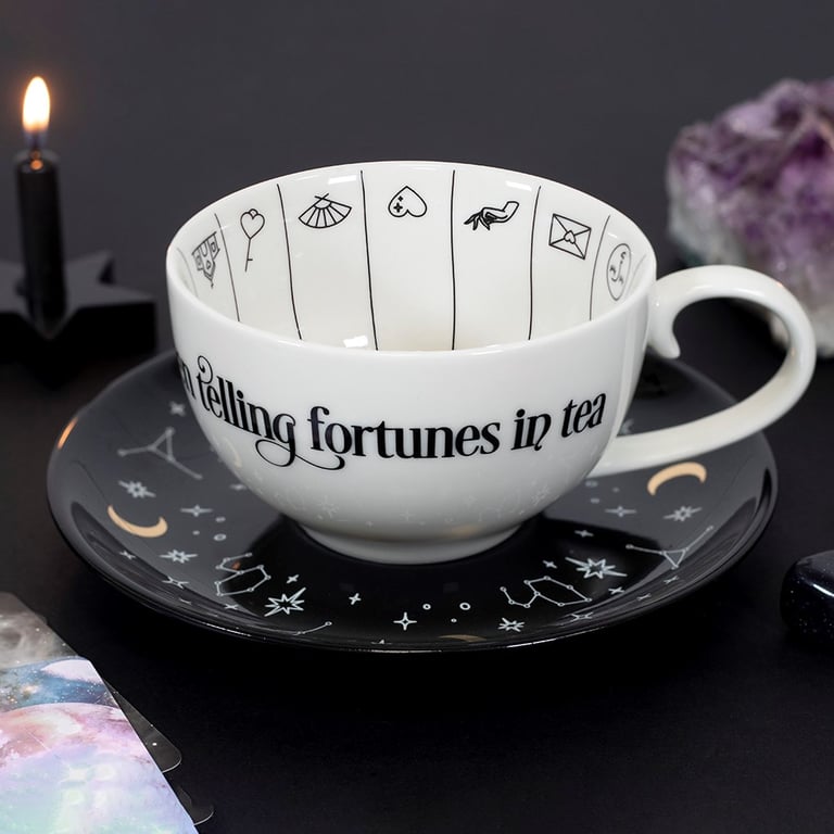 Fortune Telling Teacup with Astrological Symbols and Gold Foil Accent
