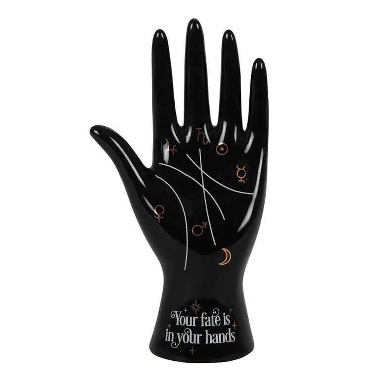 Black Ceramic Palmistry Hand Ornament with Astrology Symbols and Mystical Message