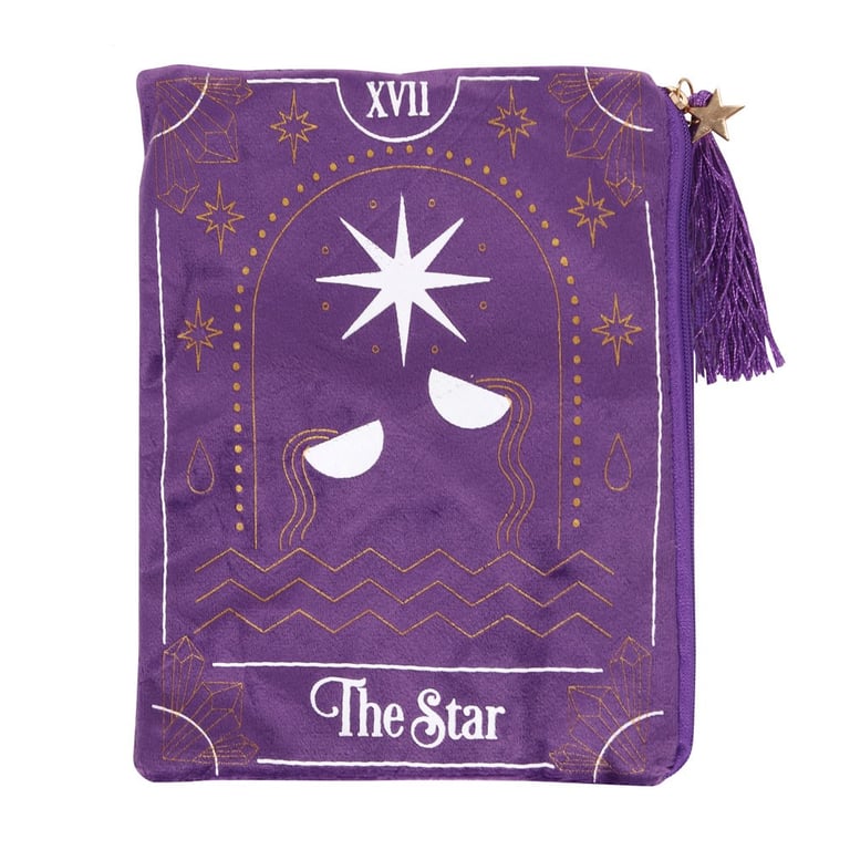 White and Gold Star Tarot Card Zippered Velvet Pouch Bag with Tassel and Charm