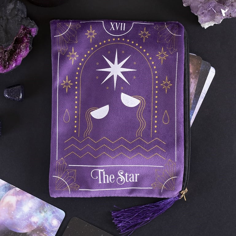 White and Gold Star Tarot Card Zippered Velvet Pouch Bag with Tassel and Charm