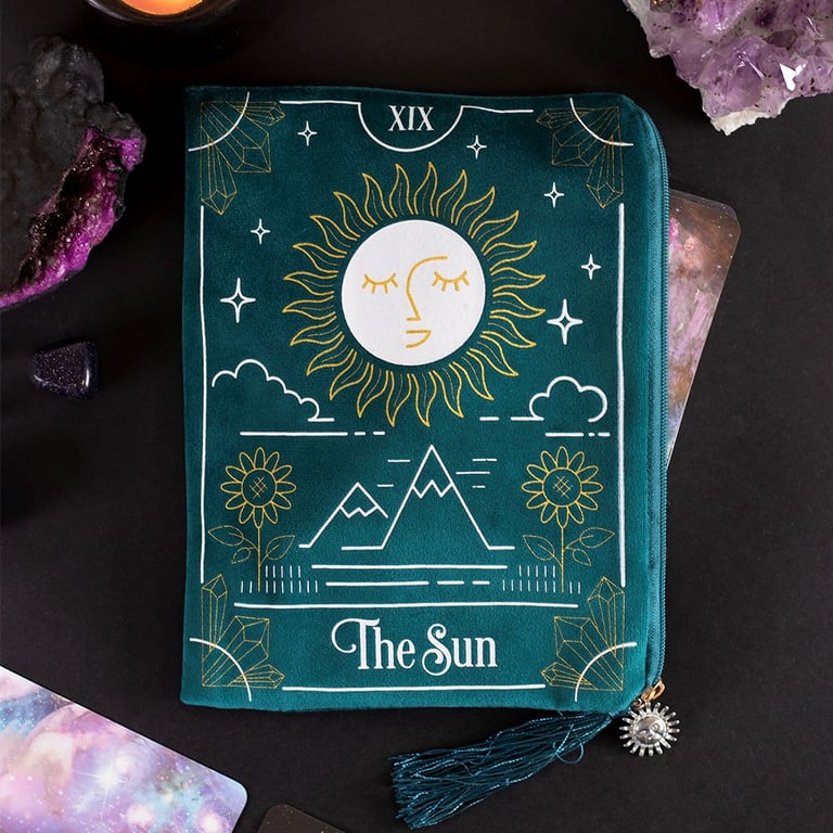 Sun Tarot Card Velvet Zippered Storage Bag with Tassel and Charm