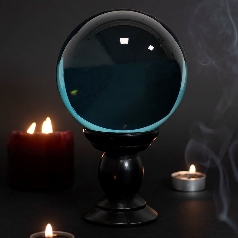 Large Teal Crystal Ball on Black Wooden Stand - Divination Tool & Decorative Accent